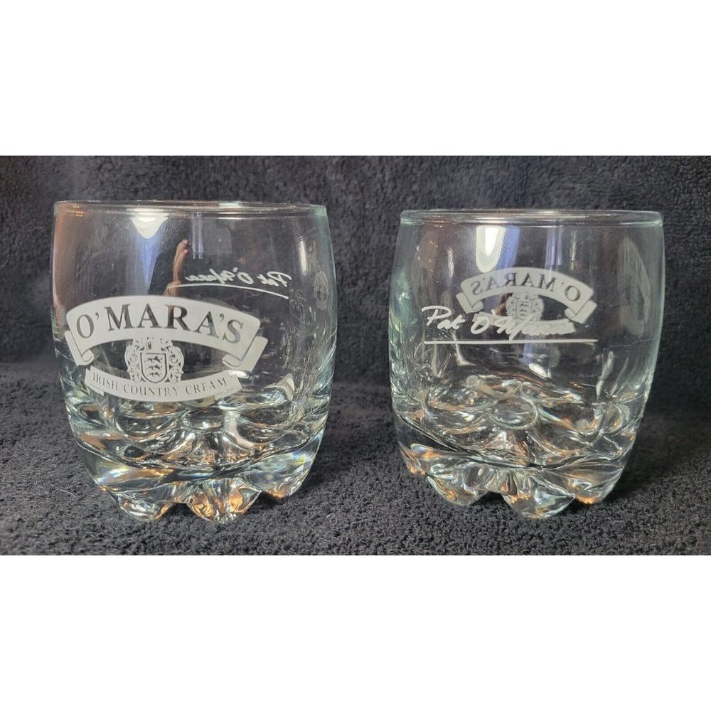 O'mara's Irish Country Cream Whiskey Glasses Low Ball, teeth base, signed, used
